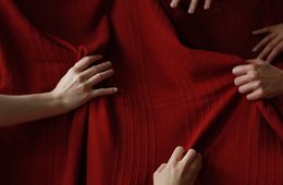 Museum on the Couch Sieben Hände, die ein Tuch greifen und leicht daran ziehen