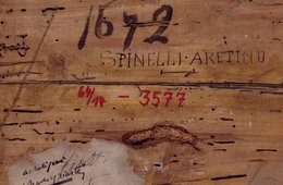 Enthauptung der heiligen Reparata Rückseite eines historischen Gemäldes mit verschiedenen Beschriftungen