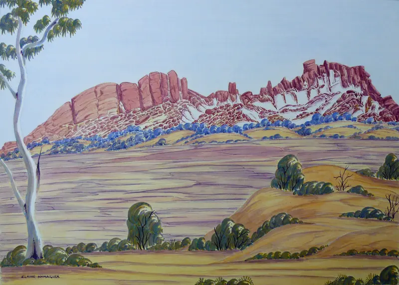 Aquarellzeichnung eines Gebirgszugs in Australien