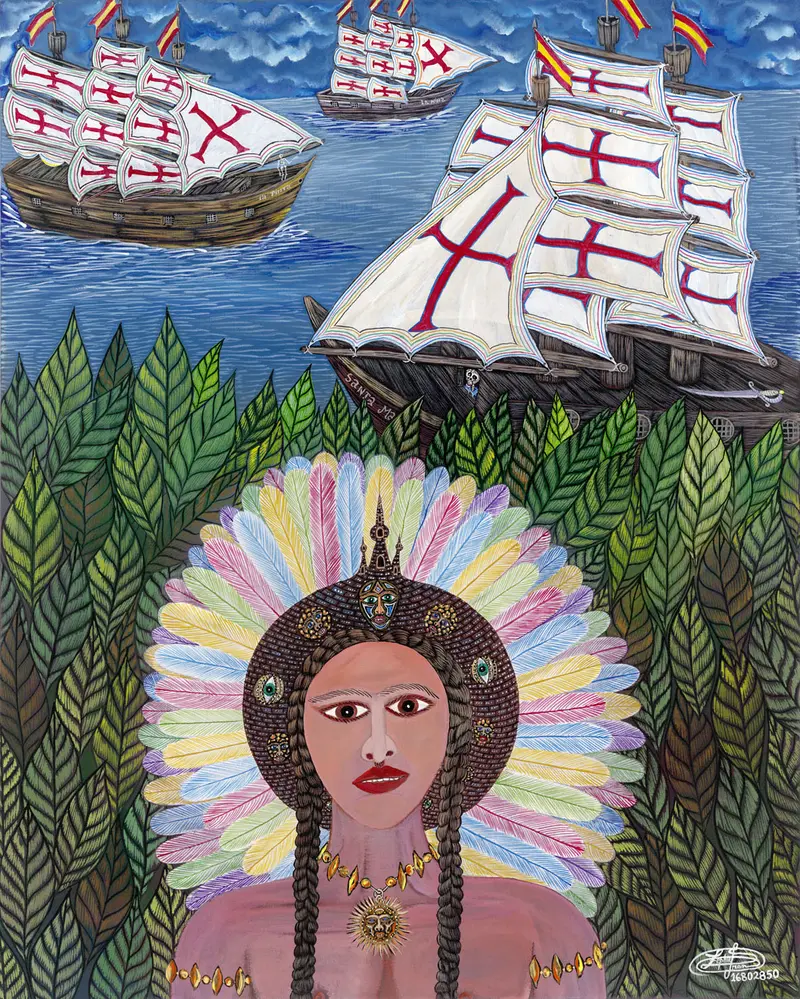 die Königin von Haiti mit Schiffen im Hintergrund