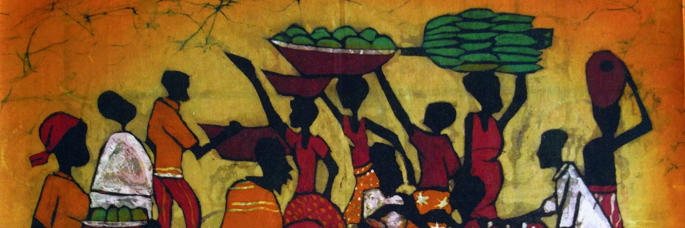 Tanzende Dorfbewohner, Künstler unbekannt, Batik, entstanden in  Tansania, 1989, Foto: S. Lychatz