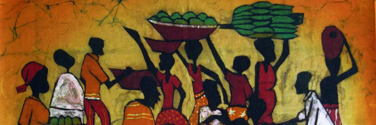 Tanzende Dorfbewohner, Künstler unbekannt, Batik, entstanden in  Tansania, 1989, Foto: S. Lychatz