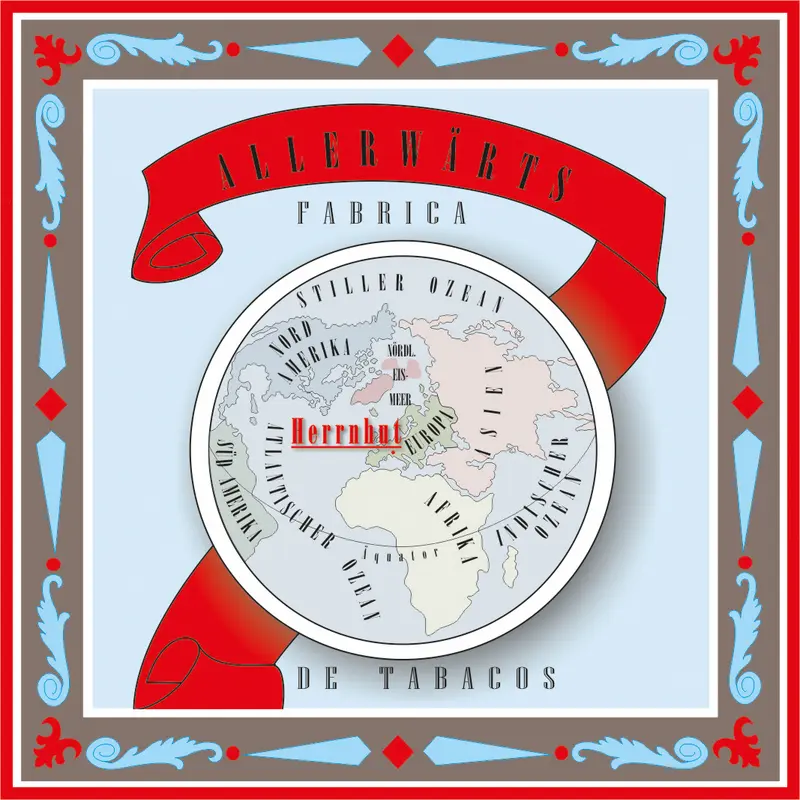 Zigarrenetikett mit Weltkarte in Rot, Blau und Weiß