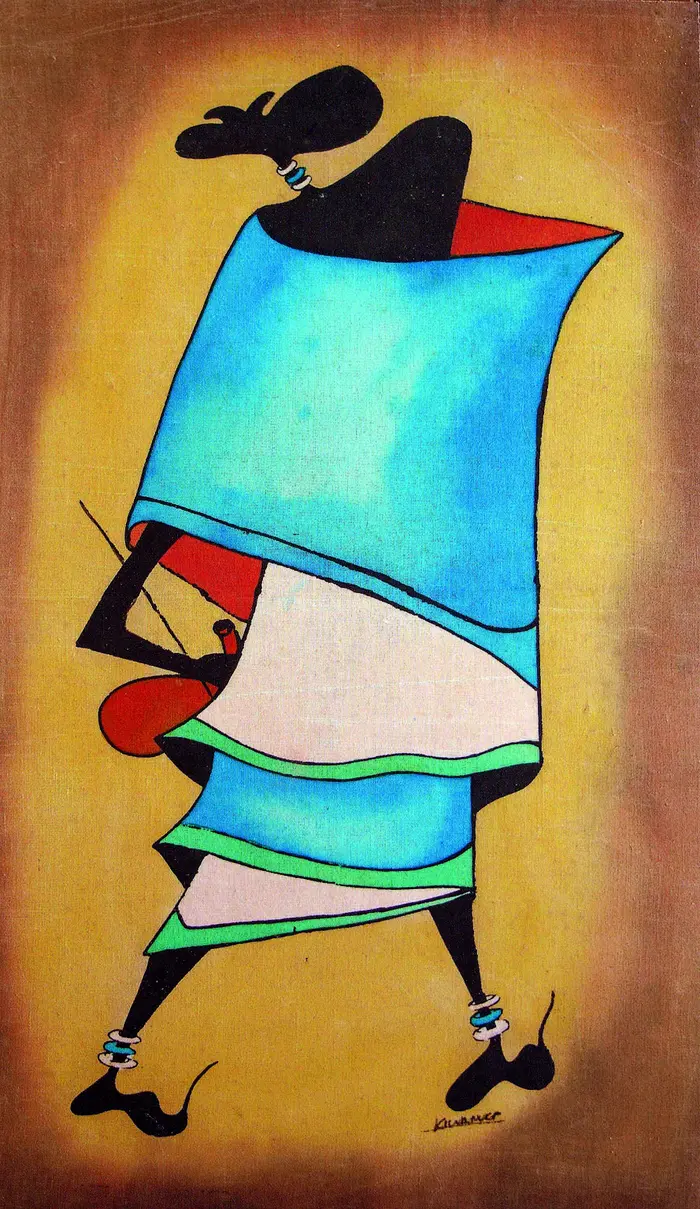 Mann mit Kalebasse, Kiwanuka, Batik, entstanden in Tansania,  2002, Foto: S. Lychatz