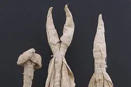 Rindenbastfiguren eines Sukia (religiösen Spezialisten), um 1870; H: 35, H: 27, H: 38,5 cm; © Völkerkundemuseum Herrnhut, SES, Staatliche Kunstsammlungen Dresden